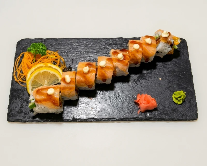 Mark's roll with tempura yam, cucumber and smoked salmon at Wakoya Sushi in Winnipeg